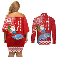 Hawaii Mele Kalikimaka Couples Matching Off Shoulder Short Dress and Long Sleeve Button Shirt Santa Riding The DolPhin Mix Kakau Pattern Red Style LT03 - Polynesian Pride