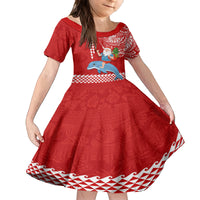 Hawaii Mele Kalikimaka Family Matching Off Shoulder Maxi Dress and Hawaiian Shirt Santa Riding The DolPhin Mix Kakau Pattern Red Style LT03 Daughter's Dress Red - Polynesian Pride