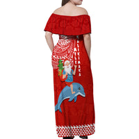 Hawaii Mele Kalikimaka Family Matching Off Shoulder Maxi Dress and Hawaiian Shirt Santa Riding The DolPhin Mix Kakau Pattern Red Style LT03 - Polynesian Pride