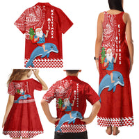 Hawaii Mele Kalikimaka Family Matching Tank Maxi Dress and Hawaiian Shirt Santa Riding The DolPhin Mix Kakau Pattern Red Style LT03 - Polynesian Pride