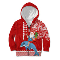 Hawaii Mele Kalikimaka Kid Hoodie Santa Riding The DolPhin Mix Kakau Pattern Red Style LT03 - Polynesian Pride