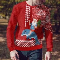 Hawaii Mele Kalikimaka Ugly Christmas Sweater Santa Riding The DolPhin Mix Kakau Pattern Red Style LT03 - Polynesian Pride