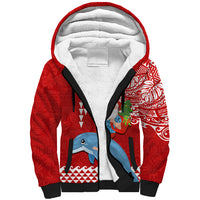 Hawaii Mele Kalikimaka Sherpa Hoodie Santa Riding The DolPhin Mix Kakau Pattern Red Style LT03 Unisex Red - Polynesian Pride