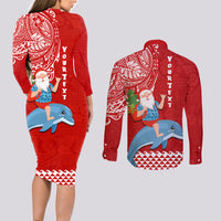 Custom Hawaii Mele Kalikimaka Couples Matching Long Sleeve Bodycon Dress and Long Sleeve Button Shirt Santa Riding The DolPhin Mix Kakau Pattern Red Style LT03 - Polynesian Pride