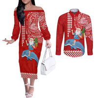 Custom Hawaii Mele Kalikimaka Couples Matching Off The Shoulder Long Sleeve Dress and Long Sleeve Button Shirt Santa Riding The DolPhin Mix Kakau Pattern Red Style LT03 Red - Polynesian Pride