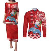 Custom Hawaii Mele Kalikimaka Couples Matching Puletasi Dress and Long Sleeve Button Shirt Santa Riding The DolPhin Mix Kakau Pattern Red Style LT03 Red - Polynesian Pride