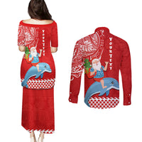 Custom Hawaii Mele Kalikimaka Couples Matching Puletasi Dress and Long Sleeve Button Shirt Santa Riding The DolPhin Mix Kakau Pattern Red Style LT03 - Polynesian Pride