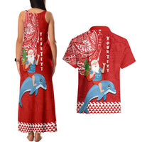 Custom Hawaii Mele Kalikimaka Couples Matching Tank Maxi Dress and Hawaiian Shirt Santa Riding The DolPhin Mix Kakau Pattern Red Style LT03 - Polynesian Pride