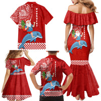 Custom Hawaii Mele Kalikimaka Family Matching Mermaid Dress and Hawaiian Shirt Santa Riding The DolPhin Mix Kakau Pattern Red Style LT03 - Polynesian Pride