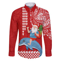 Custom Hawaii Mele Kalikimaka Family Matching Mermaid Dress and Hawaiian Shirt Santa Riding The DolPhin Mix Kakau Pattern Red Style LT03 Dad's Shirt - Long Sleeve Red - Polynesian Pride