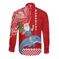 Custom Hawaii Mele Kalikimaka Long Sleeve Button Shirt Santa Riding The DolPhin Mix Kakau Pattern Red Style LT03 - Polynesian Pride