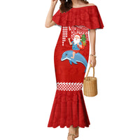 Custom Hawaii Mele Kalikimaka Mermaid Dress Santa Riding The DolPhin Mix Kakau Pattern Red Style LT03 Women Red - Polynesian Pride