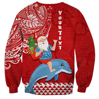 Custom Hawaii Mele Kalikimaka Sweatshirt Santa Riding The DolPhin Mix Kakau Pattern Red Style LT03 - Polynesian Pride