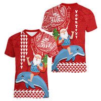 Custom Hawaii Mele Kalikimaka Women V Neck T Shirt Santa Riding The DolPhin Mix Kakau Pattern Red Style LT03 - Polynesian Pride