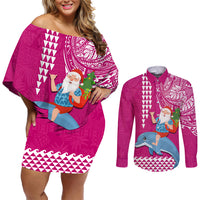 Hawaii Mele Kalikimaka Couples Matching Off Shoulder Short Dress and Long Sleeve Button Shirt Santa Riding The DolPhin Mix Kakau Pattern Pink Style LT03 Pink - Polynesian Pride
