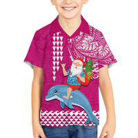 Hawaii Mele Kalikimaka Family Matching Tank Maxi Dress and Hawaiian Shirt Santa Riding The DolPhin Mix Kakau Pattern Pink Style LT03 Son's Shirt Pink - Polynesian Pride