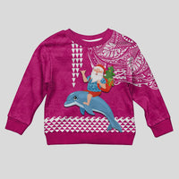 Hawaii Mele Kalikimaka Kid Ugly Christmas Sweater Santa Riding The DolPhin Mix Kakau Pattern Pink Style LT03 Kid Pink - Polynesian Pride