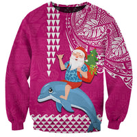 Hawaii Mele Kalikimaka Sweatshirt Santa Riding The DolPhin Mix Kakau Pattern Pink Style LT03 Unisex Pink - Polynesian Pride