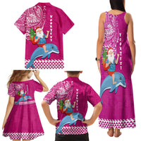Custom Hawaii Mele Kalikimaka Family Matching Tank Maxi Dress and Hawaiian Shirt Santa Riding The DolPhin Mix Kakau Pattern Pink Style LT03 - Polynesian Pride