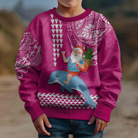 Custom Hawaii Mele Kalikimaka Kid Ugly Christmas Sweater Santa Riding The DolPhin Mix Kakau Pattern Pink Style LT03 - Polynesian Pride