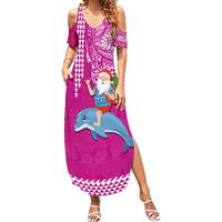 Custom Hawaii Mele Kalikimaka Summer Maxi Dress Santa Riding The DolPhin Mix Kakau Pattern Pink Style LT03 Women Pink - Polynesian Pride