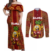 Hawaii Couples Matching Off Shoulder Maxi Dress and Long Sleeve Button Shirt Aloha Funny Pineapple Mix Kakau Hawaiian Tribal LT03 Red - Polynesian Pride
