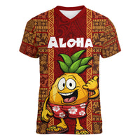 Custom Hawaii Women V Neck T Shirt Aloha Funny Pineapple Mix Kakau Hawaiian Tribal LT03 Female Red - Polynesian Pride
