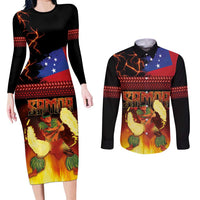 Samoan Siva Afi Couples Matching Long Sleeve Bodycon Dress and Long Sleeve Button Shirt Tribal Performers of Samoan Fire Knife Dancing LT03 Black - Polynesian Pride