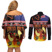 Aotearoa Siva Afi Couples Matching Off Shoulder Short Dress and Long Sleeve Button Shirt Tribal Performers of Aotearoa Fire Knife Dancing