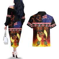 Aotearoa Siva Afi Couples Matching Off The Shoulder Long Sleeve Dress and Hawaiian Shirt Tribal Performers of Aotearoa Fire Knife Dancing