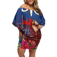 Proud of Samoa Off Shoulder Short Dress Ula Nifo with Samoa 685 and Hibiscus Tapa Tribal Pattern LT03 Women Blue - Polynesian Pride