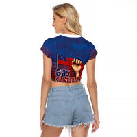 Proud of Samoa Raglan Cropped T Shirt Ula Nifo with Samoa 685 and Hibiscus Tapa Tribal Pattern LT03 - Polynesian Pride