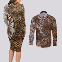 Fiji Masi Tapa Tribal Couples Matching Long Sleeve Bodycon Dress and Long Sleeve Button Shirt Old Hibiscus Vintage Style LT03 - Polynesian Pride