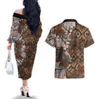 Fiji Masi Tapa Tribal Couples Matching Off The Shoulder Long Sleeve Dress and Hawaiian Shirt Old Hibiscus Vintage Style LT03 - Polynesian Pride