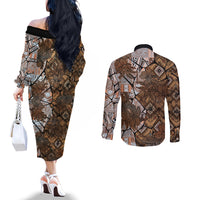 Fiji Masi Tapa Tribal Couples Matching Off The Shoulder Long Sleeve Dress and Long Sleeve Button Shirt Old Hibiscus Vintage Style LT03 - Polynesian Pride