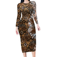 Fiji Masi Tapa Tribal Family Matching Long Sleeve Bodycon Dress and Hawaiian Shirt Old Hibiscus Vintage Style LT03 Mom's Dress Brown - Polynesian Pride