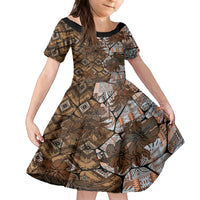 Fiji Masi Tapa Tribal Kid Short Sleeve Dress Old Hibiscus Vintage Style LT03 KID Brown - Polynesian Pride