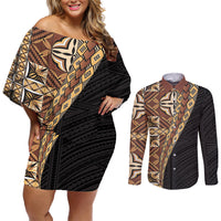 Samoan Siapo Couples Matching Off Shoulder Short Dress and Long Sleeve Button Shirt Tatau Pattern Half Style Retro Mode LT03 Brown - Polynesian Pride