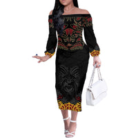 Custom New Zealand Rugby Family Matching Off Shoulder Long Sleeve Dress and Hawaiian Shirt Black Fern Maori Tribal Pattern LT03 Mom's Dress Black - Polynesian Pride