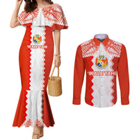 Custom Tonga Rugby Couples Matching Mermaid Dress and Long Sleeve Button Shirt Ikale Tahi Ngatu Tribal Pattern LT03 Orange - Polynesian Pride