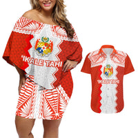 Custom Tonga Rugby Couples Matching Off Shoulder Short Dress and Hawaiian Shirt Ikale Tahi Ngatu Tribal Pattern LT03