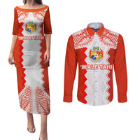 Custom Tonga Rugby Couples Matching Puletasi and Long Sleeve Button Shirt Ikale Tahi Ngatu Tribal Pattern LT03 Orange - Polynesian Pride