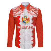 Custom Tonga Rugby Family Matching Off Shoulder Maxi Dress and Hawaiian Shirt Ikale Tahi Ngatu Tribal Pattern LT03 Dad's Shirt - Long Sleeve Orange - Polynesian Pride