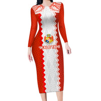 Custom Tonga Rugby Long Sleeve Bodycon Dress Ikale Tahi Ngatu Tribal Pattern LT03 Long Dress Orange - Polynesian Pride