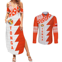 Custom Tonga Rugby Couples Matching Summer Maxi Dress and Long Sleeve Button Shirt Ikale Tahi Ngatu Tribal Pattern Half Style LT03 Orange - Polynesian Pride