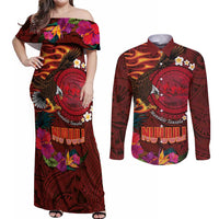 American Samoa Manulele Tausala Nu'uuli Couples Matching Off Shoulder Maxi Dress and Long Sleeve Button Shirt Tatau Art Pattern with Tropical Plants