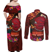 American Samoa Manulele Tausala Nu'uuli Couples Matching Off Shoulder Maxi Dress and Long Sleeve Button Shirt Tatau Art Pattern with Tropical Plants