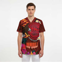 American Samoa Manulele Tausala Nu'uuli Scrub Top Tatau Art Pattern with Tropical Plants - Polynesian Pride