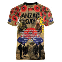 Australia and New Zealand ANZAC Day Women V-Neck T-Shirt Kangaroo and Kiwi Bird Soldier-Honor and Remember Vintage Style