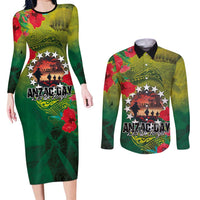 Cook Islands ANDAC Day Couples Matching Long Sleeve Bodycon Dress and Long Sleeve Button Shirt Honor and Remember Soliders-Forever in My Thoughts Grunge Style